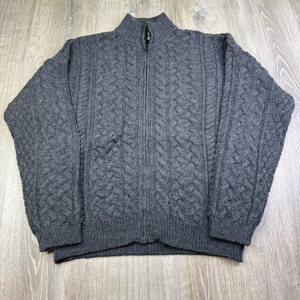 Celtic Country Mens Gray Merino Wool Cable Knit Cardigan Sweater Size XL